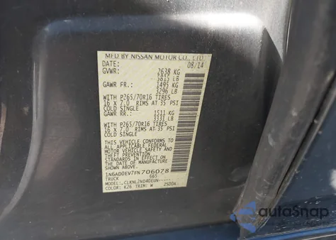 2015 Nissan Frontier Pro-4X/S/Sl/Sv из США, поврежденный, VIN 1N6AD0EV7FN706078